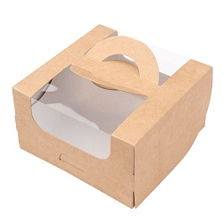 Коробка для бенто-торта с ручками с окном крафт 140х140х80 мм